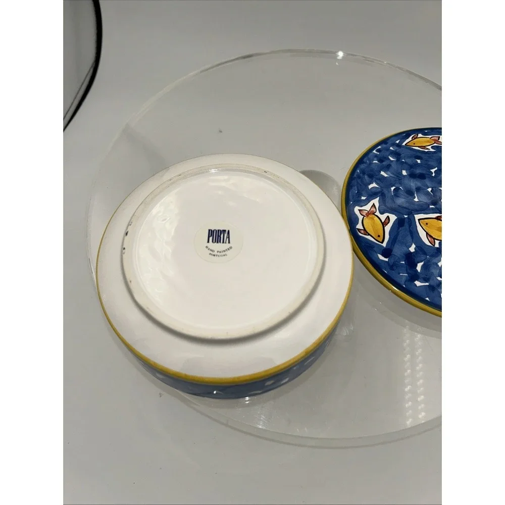 Rare Vintage Donacer Portugal Hand painted Swimming Fish Covered Dish  #456